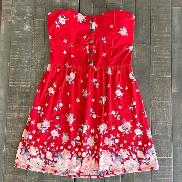 No Boundaries Dresses & Skirts - Strapless Red Floral Juniors Button-Front Foam Cup Dress Size XL/XG (15-17)